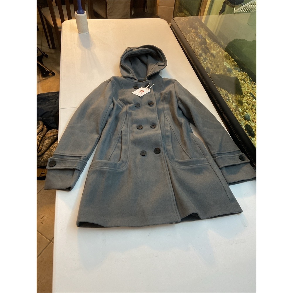 Tanming Hooded Peacoat Jacket S Gray Womens Double Button